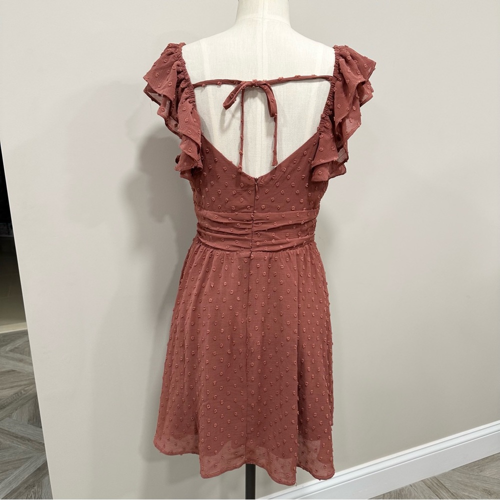 ALTAR’D STATE Swiss Dot Flutter Sleeve Mini Dress Dark Rose Color Size Medium - Picture 2 of 11